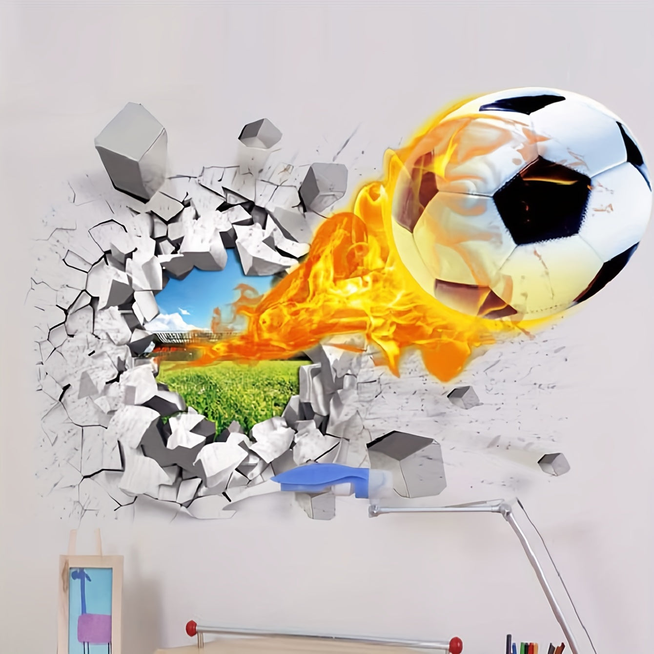 3D Broken Wall Football Sticker Removable Vinyl Wallpaper 50x70cm