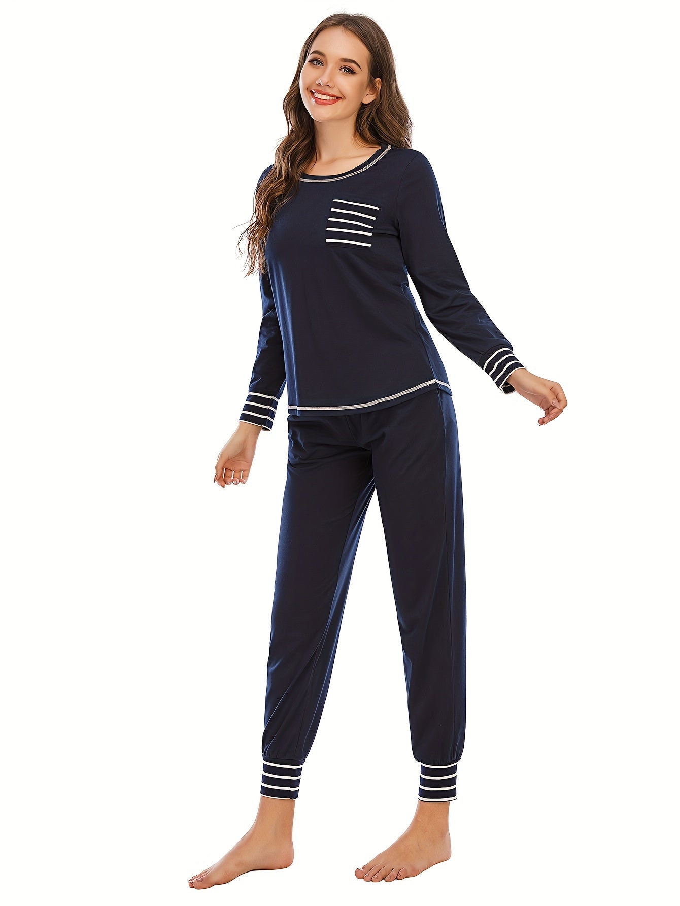 Striped Print Lounge Set Long Sleeve Top & Elastic Waistband Pants