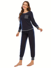 Striped Print Lounge Set Long Sleeve Top & Elastic Waistband Pants
