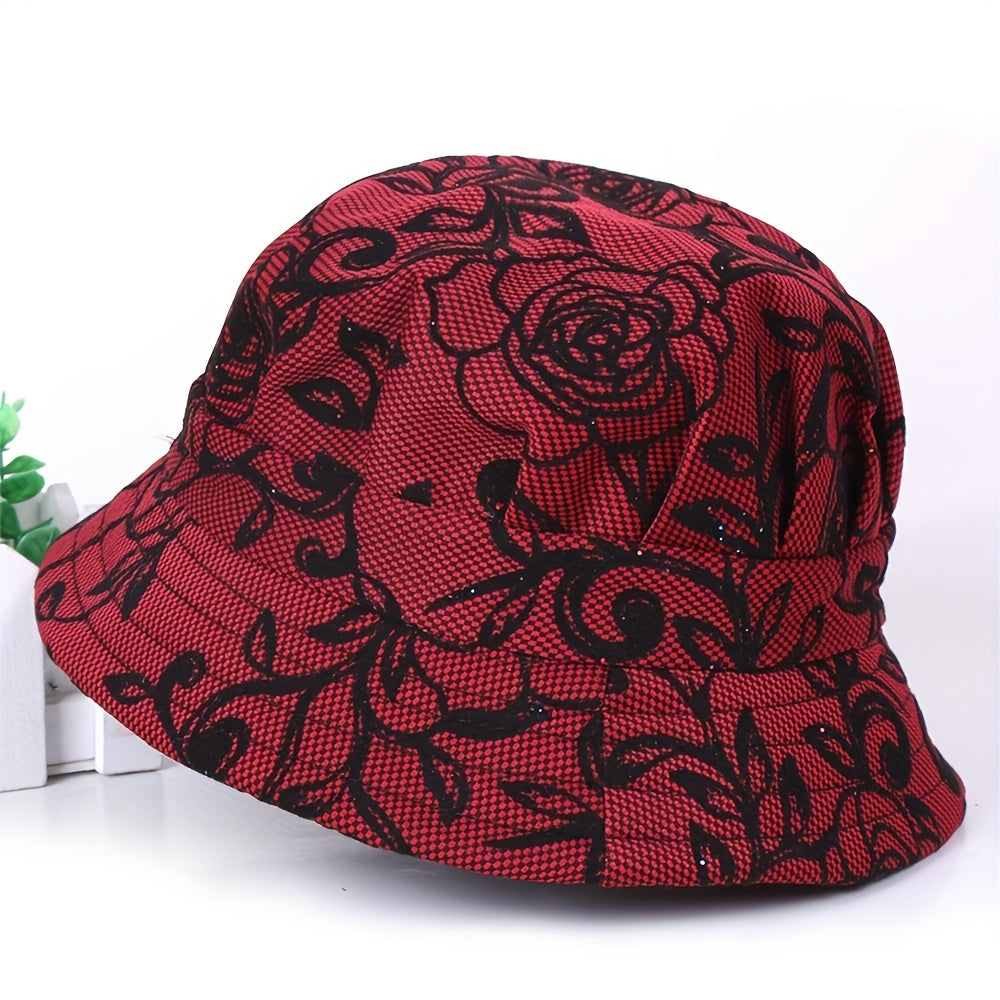Vintage Rose Embroidery Bucket Hat Solid Short Brim Basin Hat UV Protection