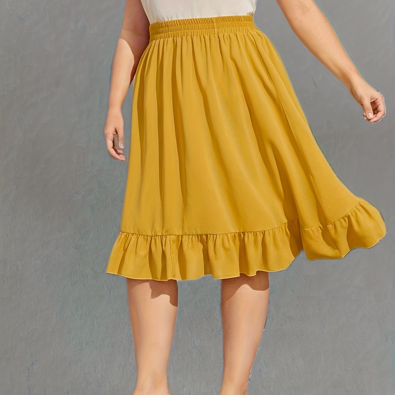  Casual Skirt Women's Plus Solid Ruffle Trim Midi Skirt