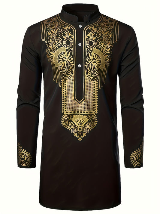 Men's Dashiki Shirt African Clothes Metallic Golden Print Long Sleeve