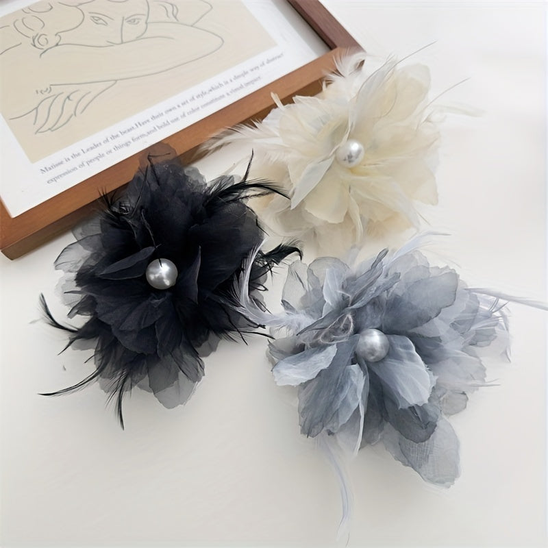 Large Yarn Hair Claw Clip with Faux Pearl and Simulation Feather