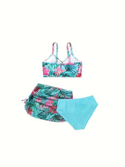 Tropical Plants 3pcs Swimsuit Set Girls Bathing Suit Summer Gift