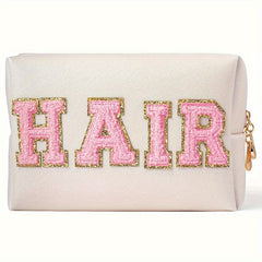 Plush Letter Patched Makeup Pouch Travel Toiletry Bag