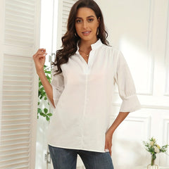  Casual Blouse Women's Solid Half Sleeve Notched Neck Tunic Top