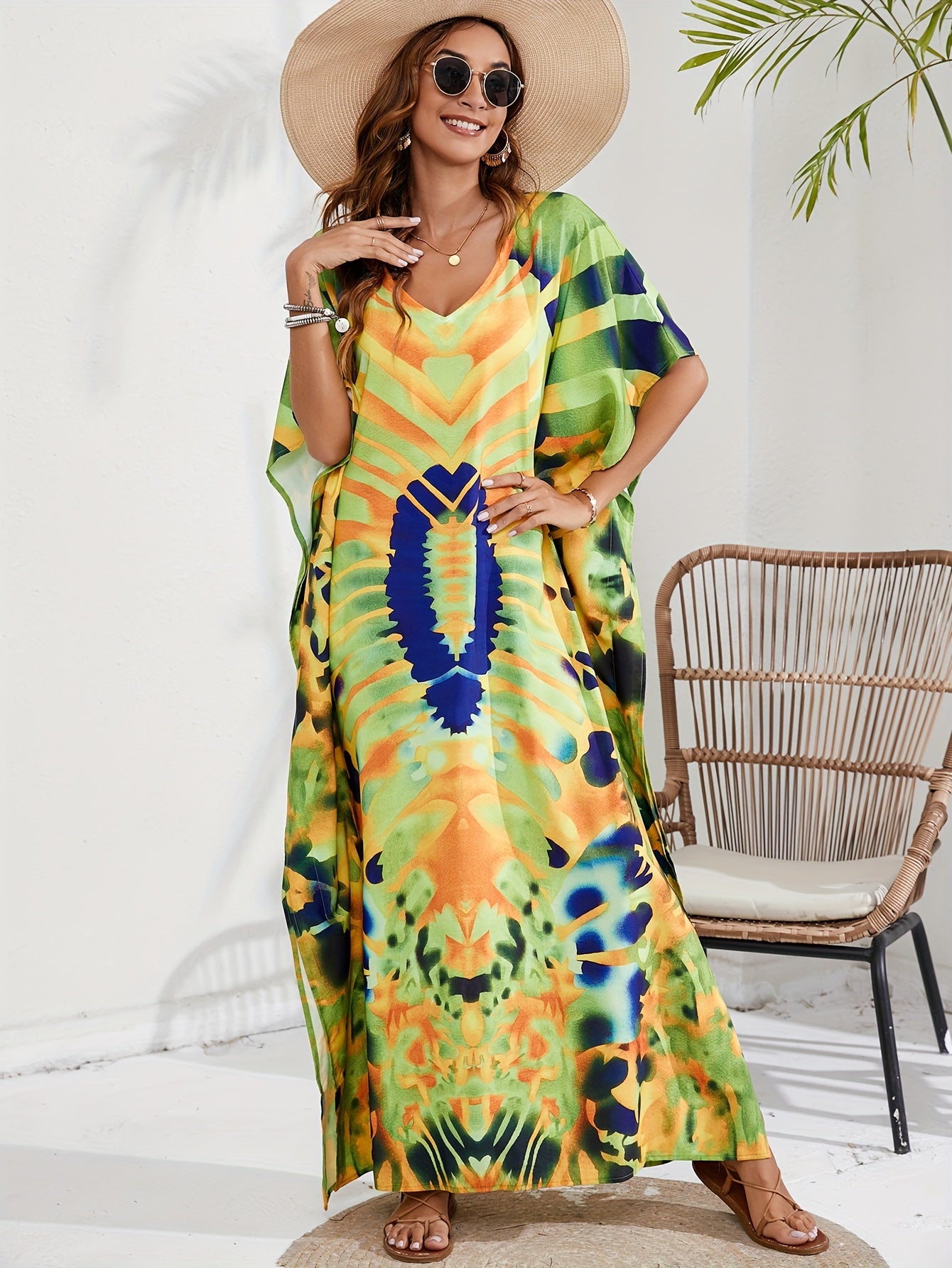  Boho Cover Up Women's Allover Print Maxi Split Dress