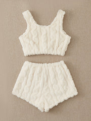 Flannel Pajama Set Sleeveless Crew Neck Top & Shorts Women's Sleepwear