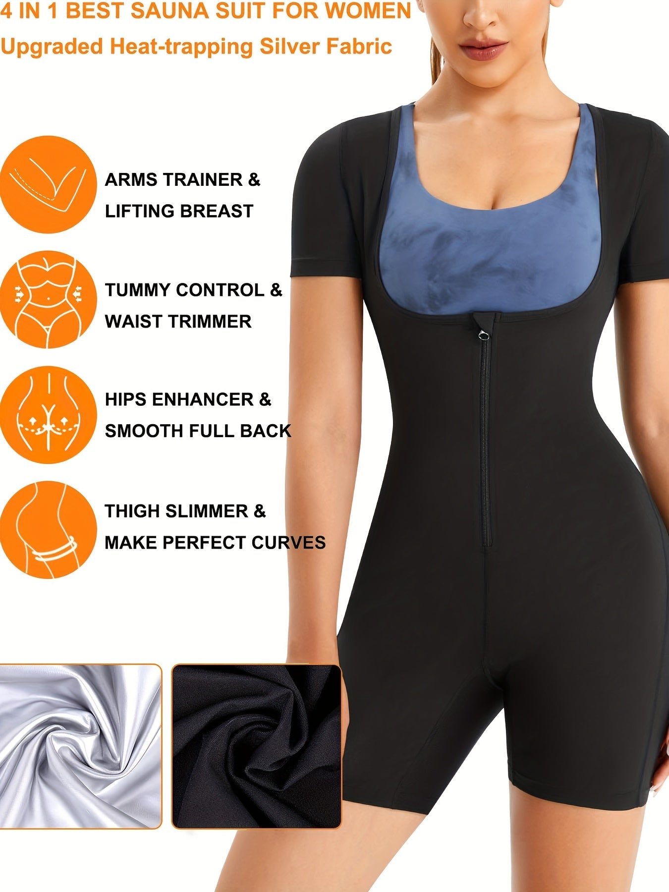 Solid Zipper Shaping Romper Tummy Control Butt Lifting Short Sleeve Body Shaper