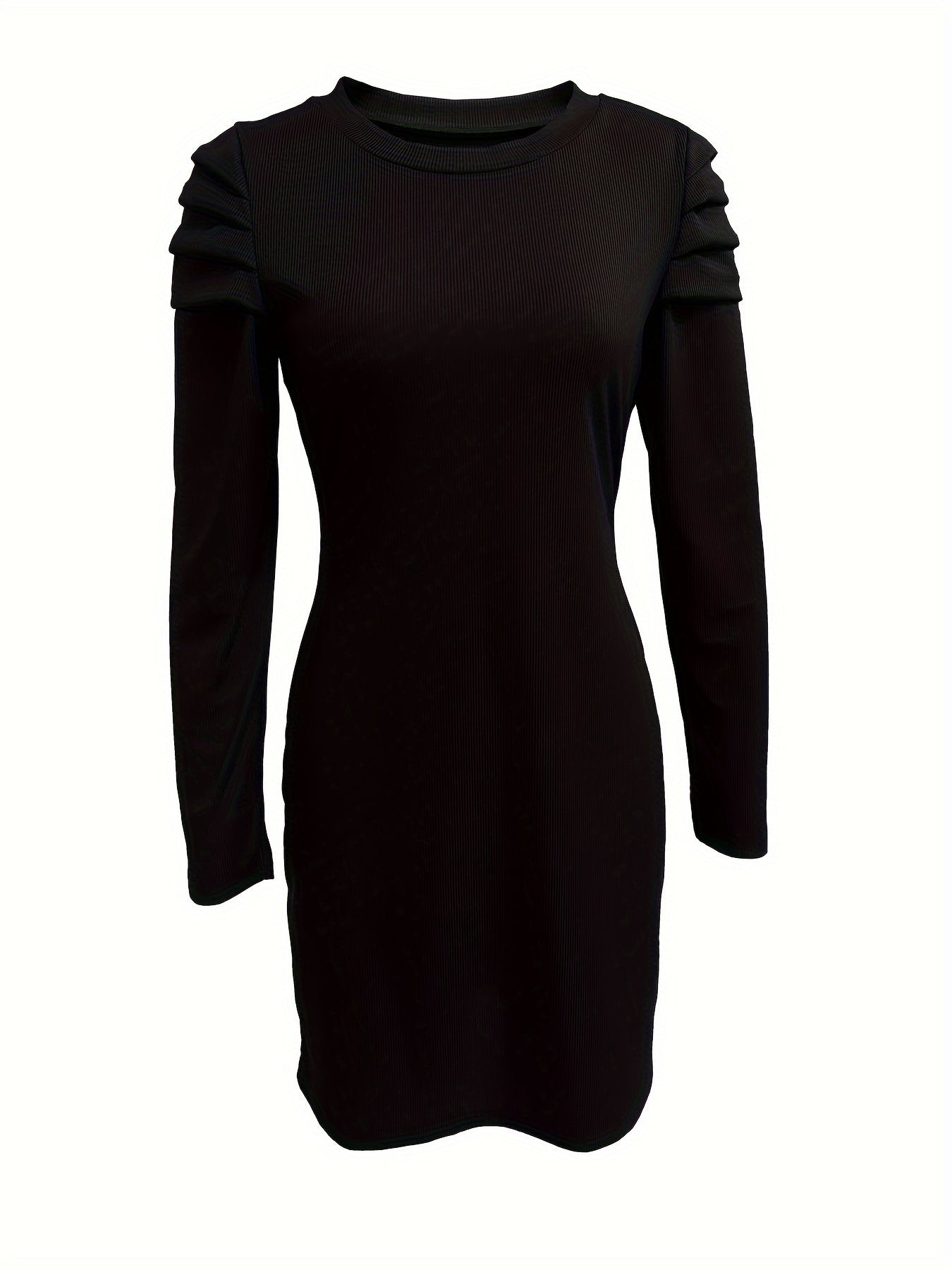  Solid Ribbed Lantern Sleeve Round Neck Mini Dress