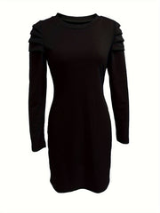  Solid Ribbed Lantern Sleeve Round Neck Mini Dress