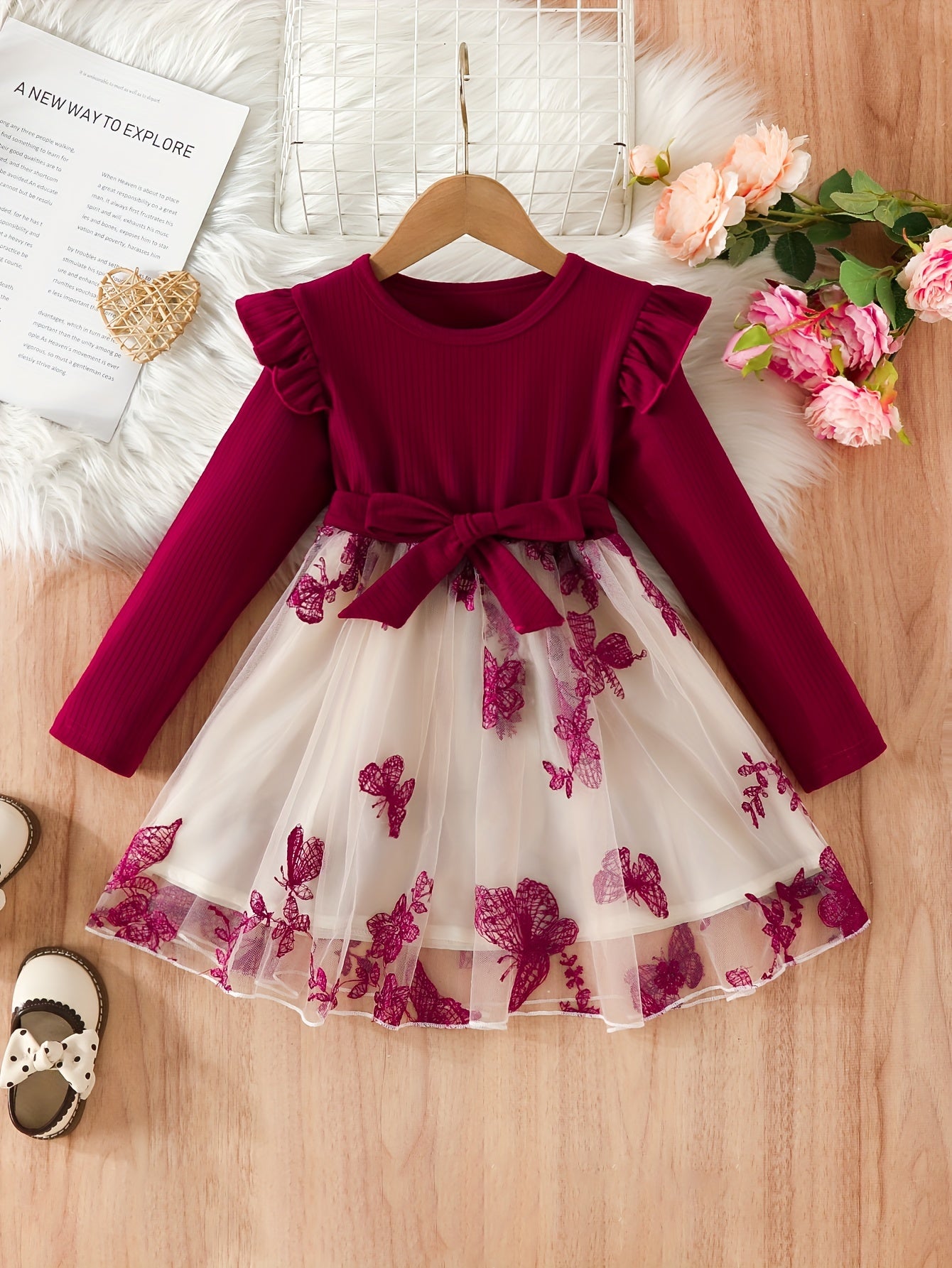 Kid Girl Butterfly Embroidery Tulle Ruffle Sleeve Dress