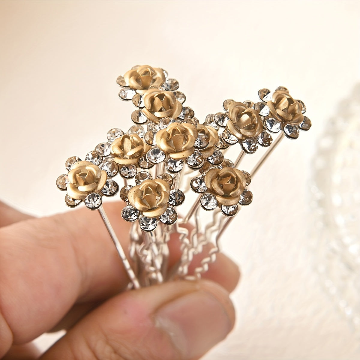 U Shaped Hair Clips Set with Rhinestones & Roses for Bridal & Everyday