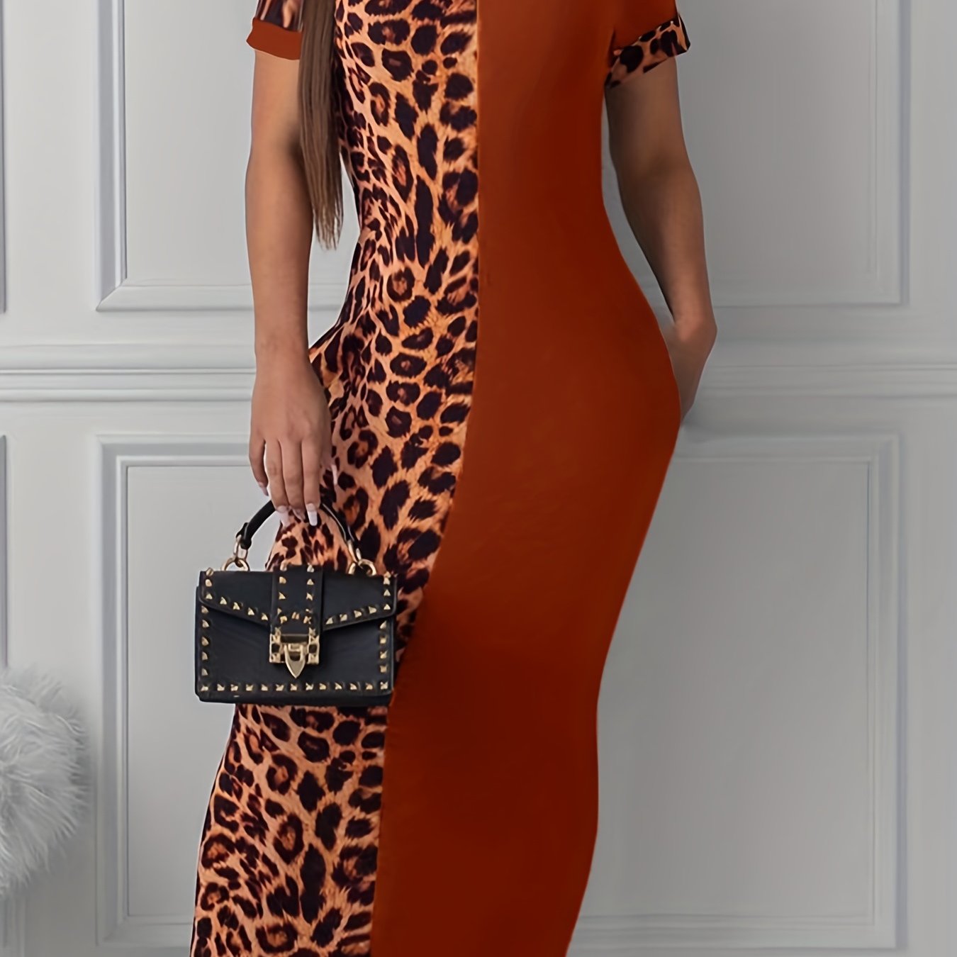  Colorblock Leopard Print Maxi Dress With Pockets