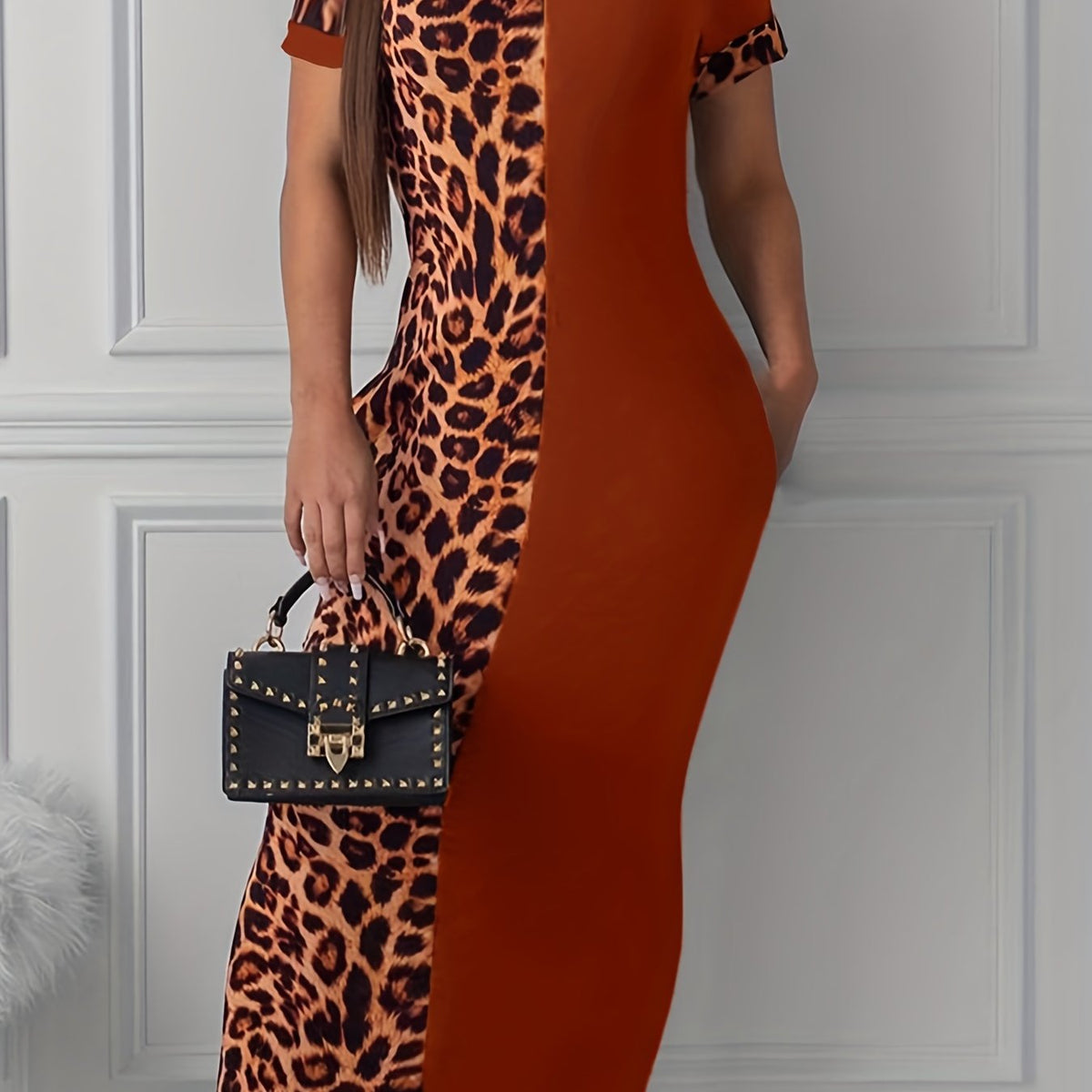  Colorblock Leopard Print Maxi Dress With Pockets