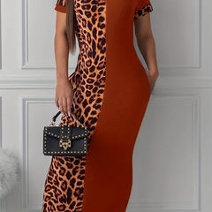  Colorblock Leopard Print Maxi Dress With Pockets