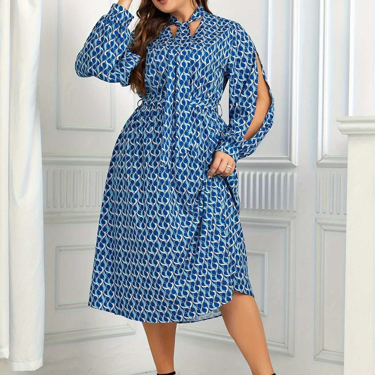 Women's Plus Allover Print Lantern Sleeve Midi Dress