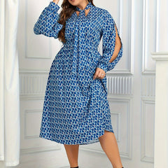 Women's Plus Allover Print Lantern Sleeve Midi Dress