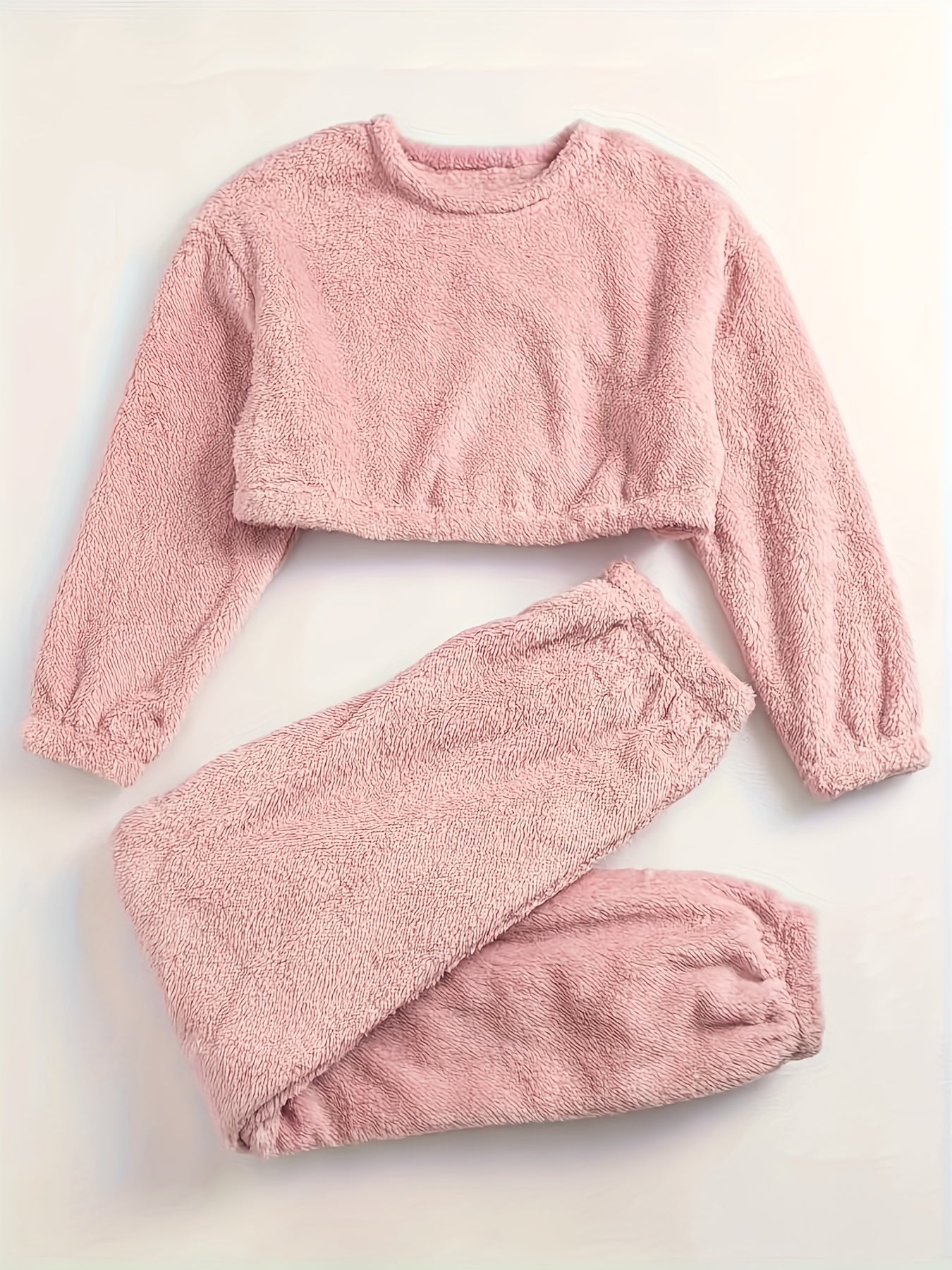  Fuzzy Fleece Pajamas Set Crew Neck Crop Top & Joggers