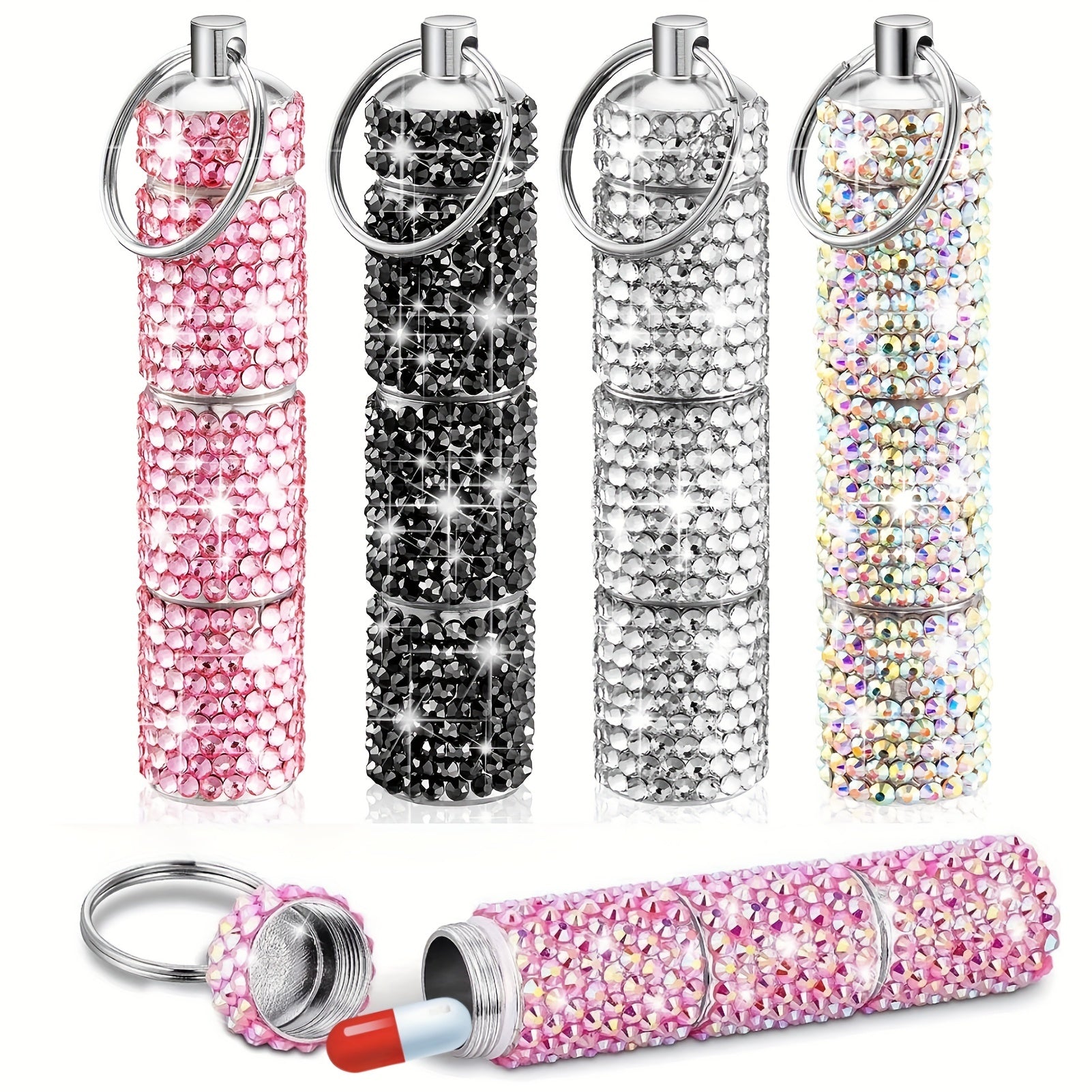 Rhinestone Pill Case Container Keychain for Travel