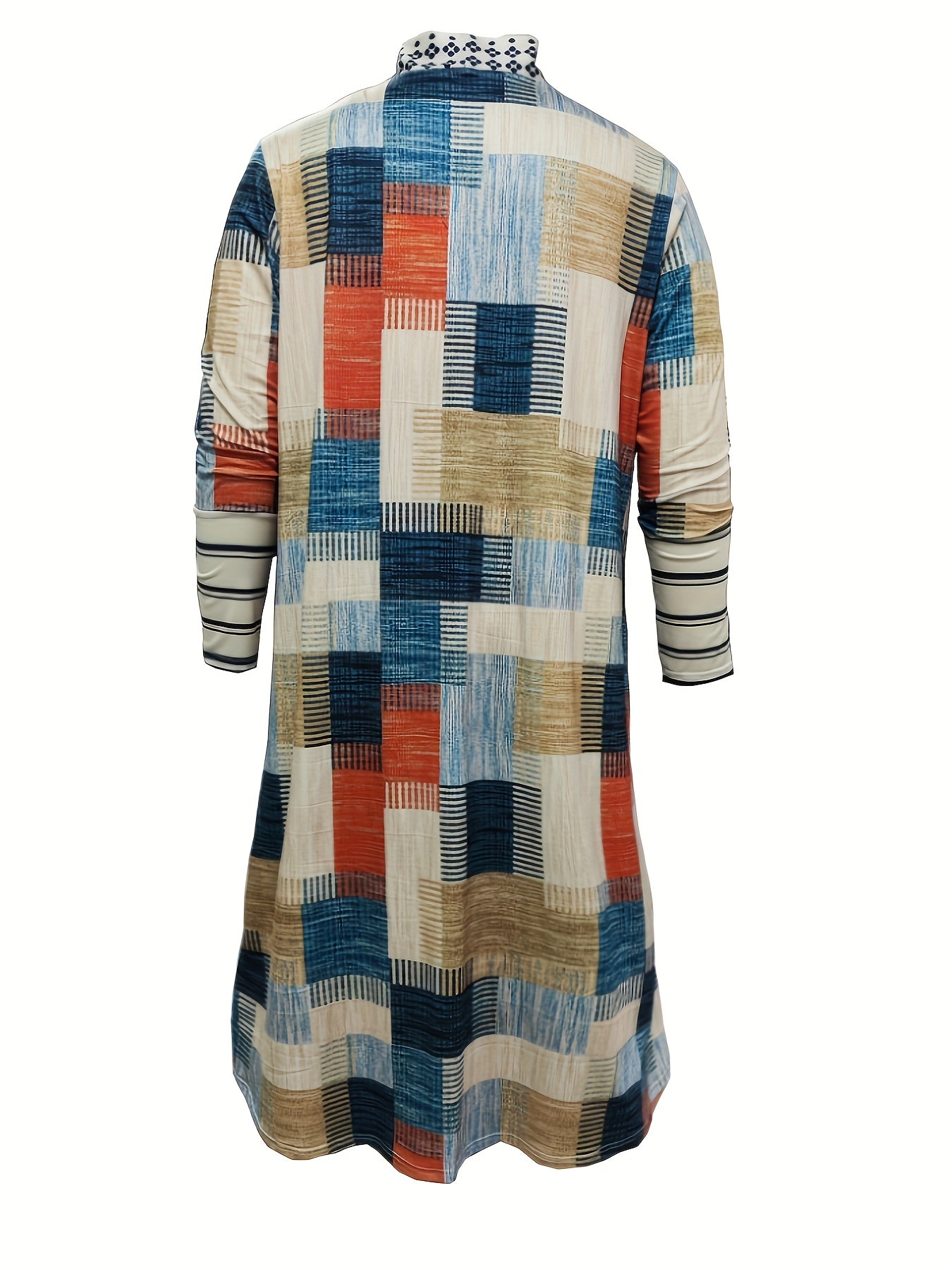  Colorblock Geometric Print Open Front Cardigan