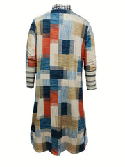  Colorblock Geometric Print Open Front Cardigan