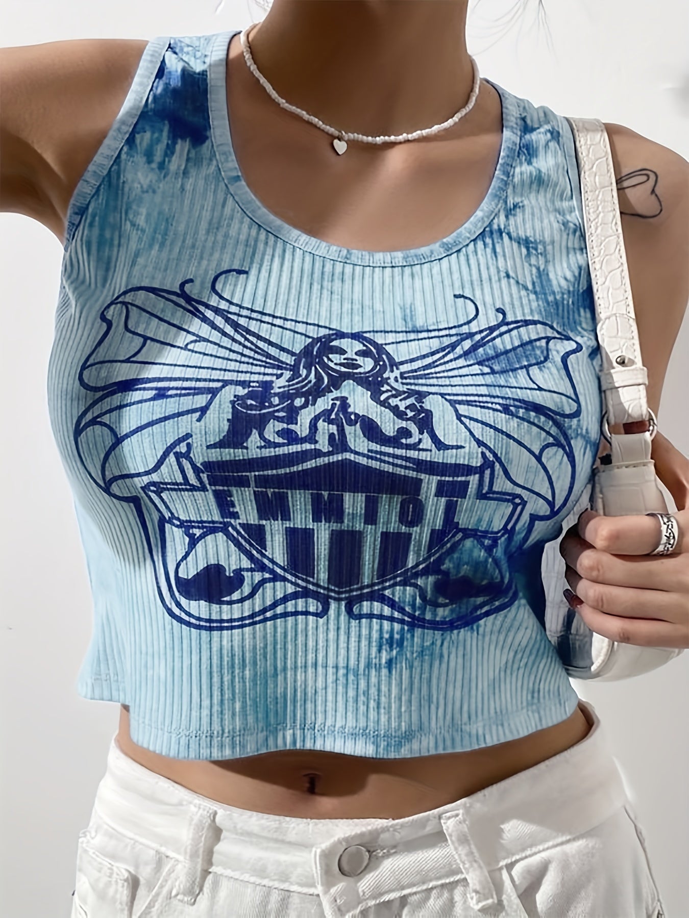 Graphic Print Ribbed Tank Top Y2K Crew Neck Summer Sleeveless Top Women's