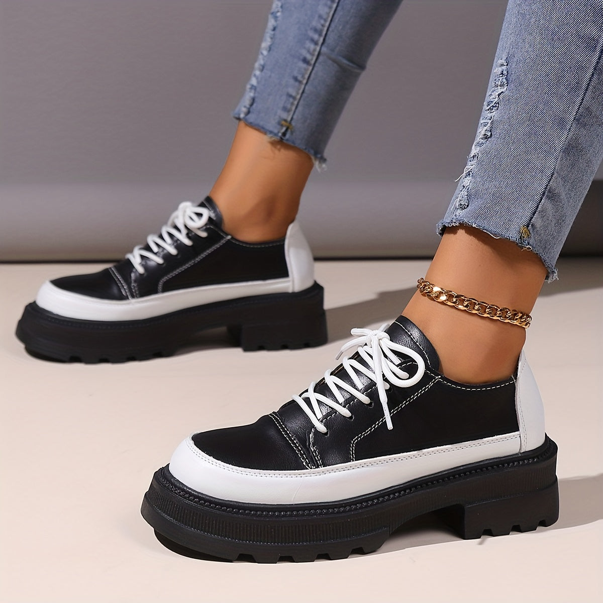 Colorblock Platform Sneakers Lace Up Loafers Low Top Shoes