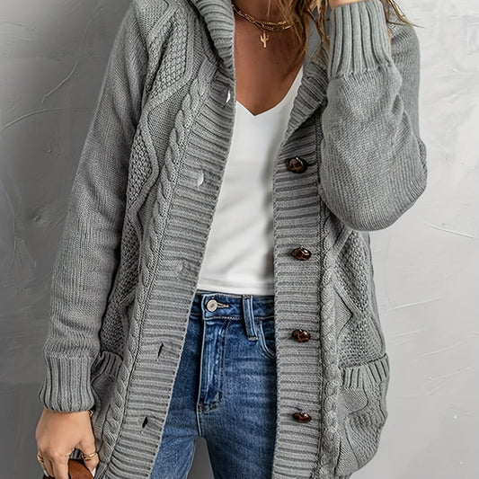  Solid Button Up Cable Long Sleeve Hooded Cardigan With Pockets