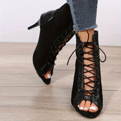 Women's Lace Up Stiletto Heels Peep Toe Suede Sandals