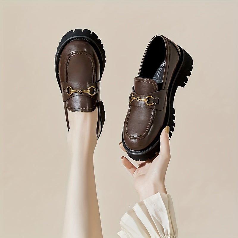 Women's Metal Decor Loafers Slip On Chunky Heel Shoes