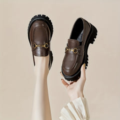 Women's Metal Decor Loafers Slip On Chunky Heel Shoes