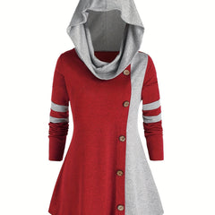  Colorblock Button Decor Hooded Knit Top