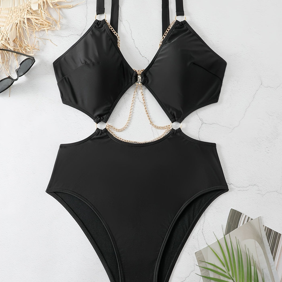  Sexy Swimsuit Solid Chain One Piece Bathing Suit