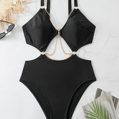  Sexy Swimsuit Solid Chain One Piece Bathing Suit