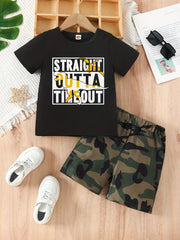 Boys Dino & Letter Print Short Sleeve T-shirt & Camo Shorts Set