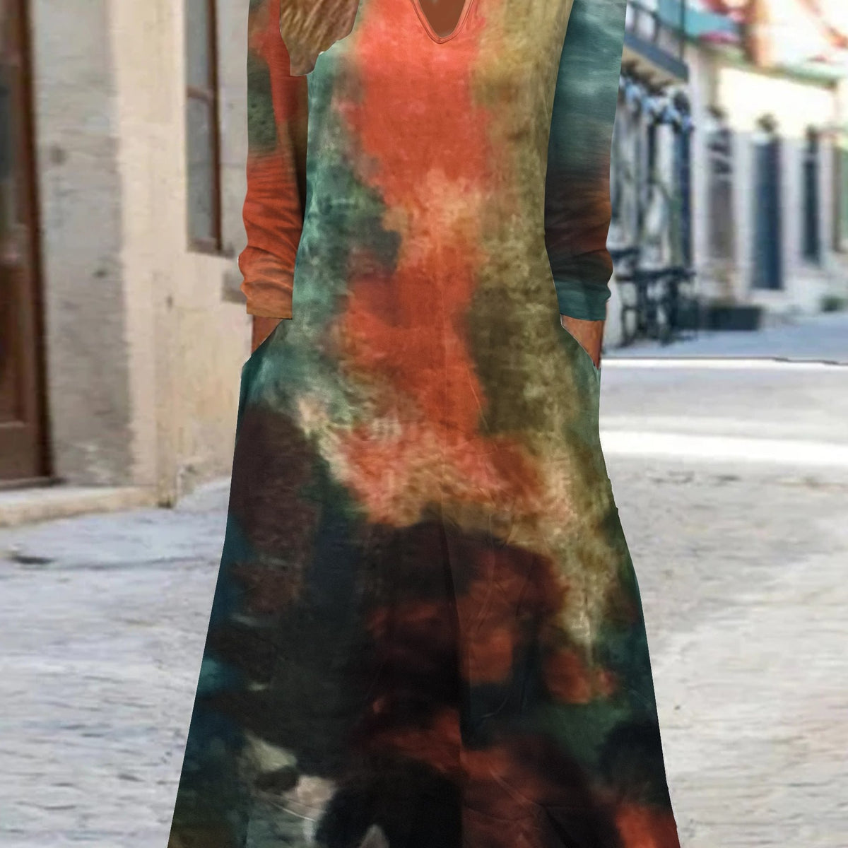 Tie Dye Long Sleeve Dress With Pockets