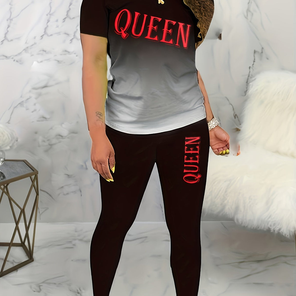 Plus Size Ombre Letter Print Crew Neck Top & Leggings Set