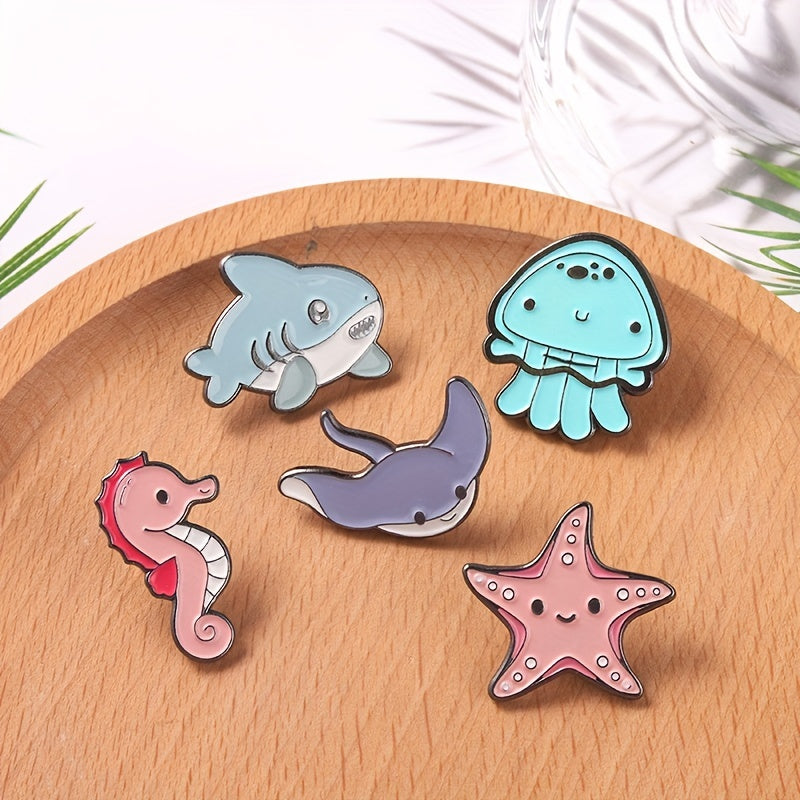 Enamel Marine Life Brooch Set Shark Jellyfish Seahorse Pins