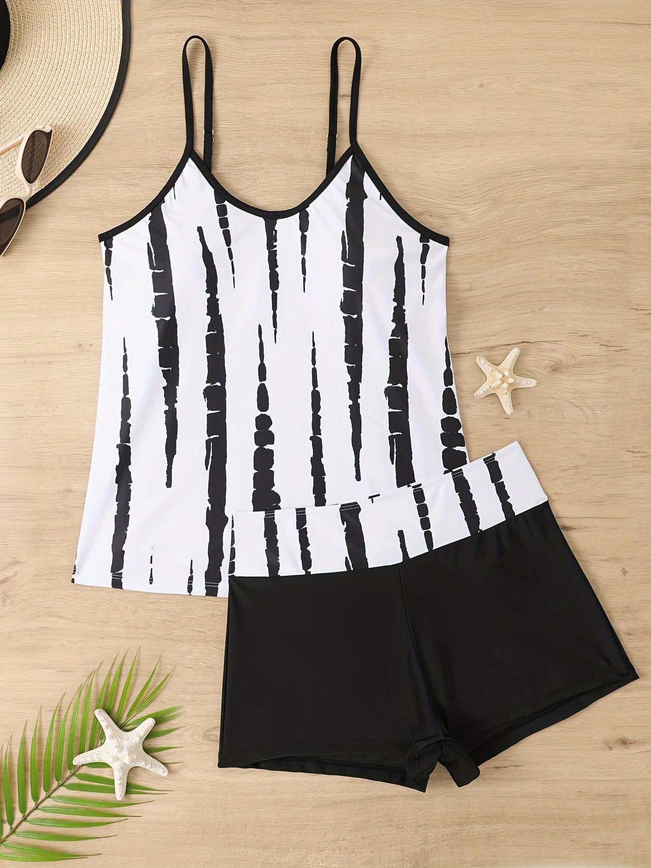  Tie Dye Tankini Set V Neck Cami Top & Shorts Swimsuit