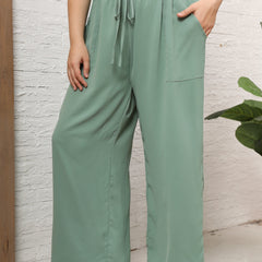  Ruffle Trim Wide Leg Pants With Pockets