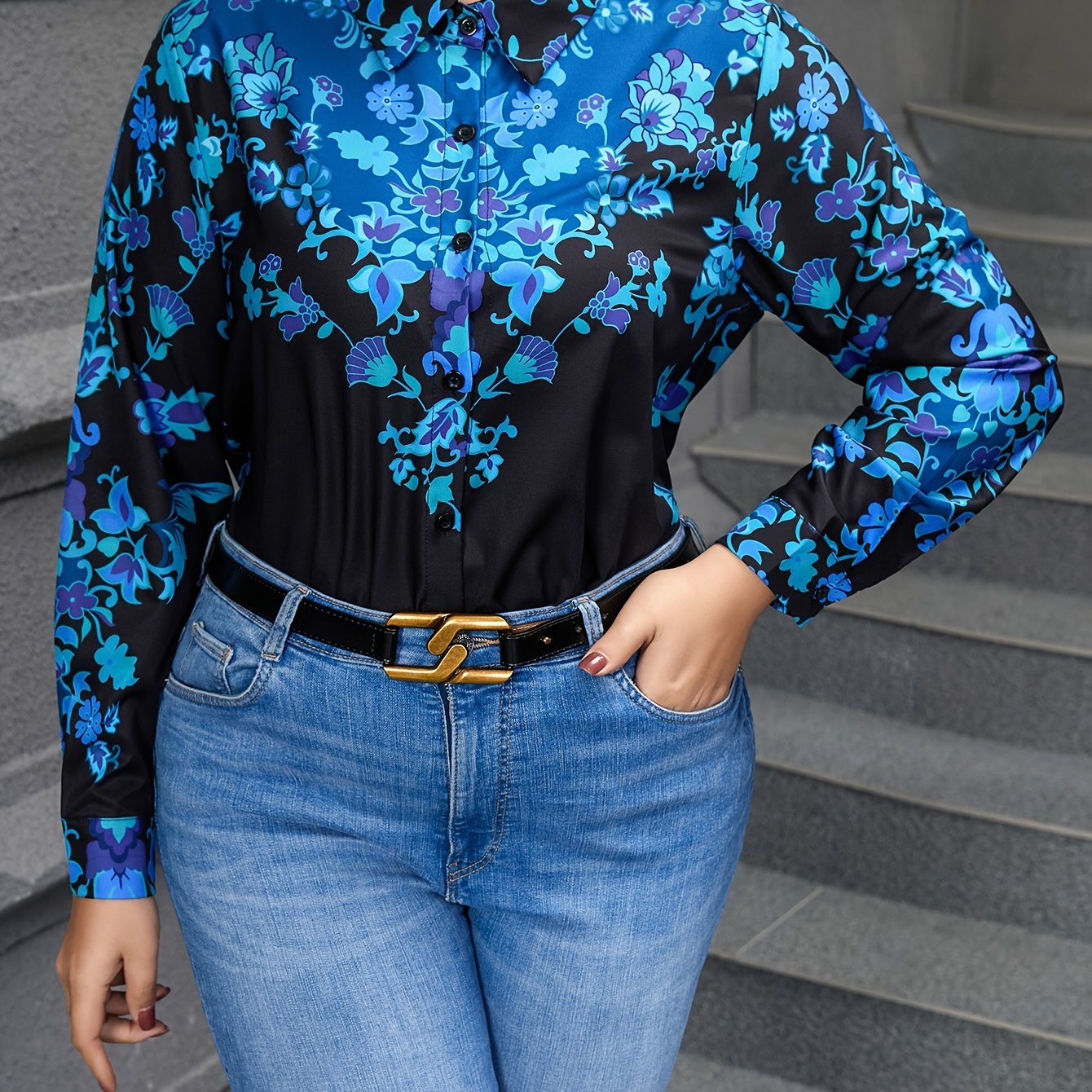  Floral Print Long Sleeve Button Up Blouse