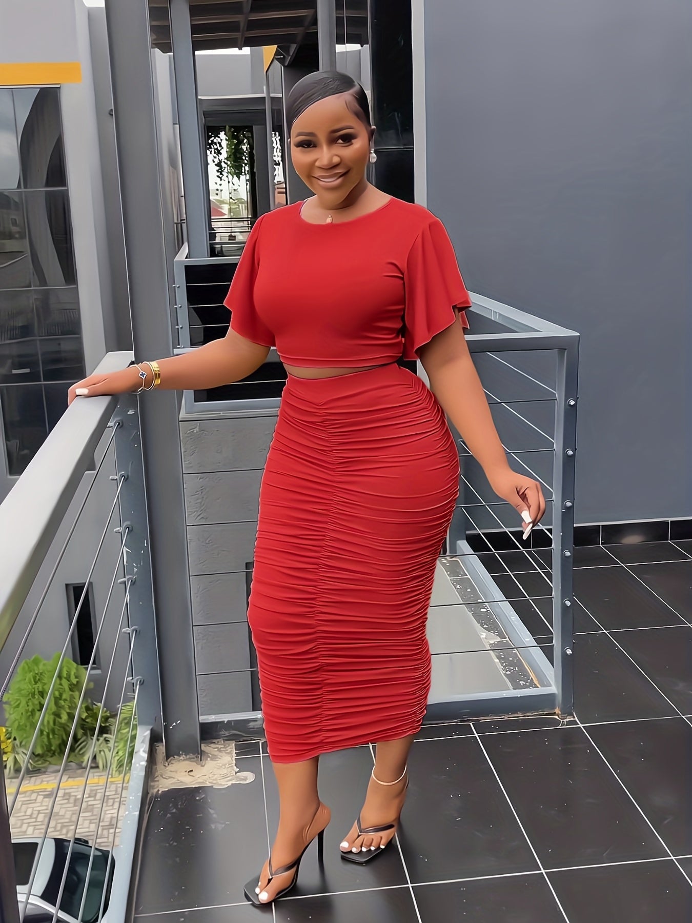 Solid Two Piece Set Flared Sleeve Crop T-shirt & Ruched Midi Skirts