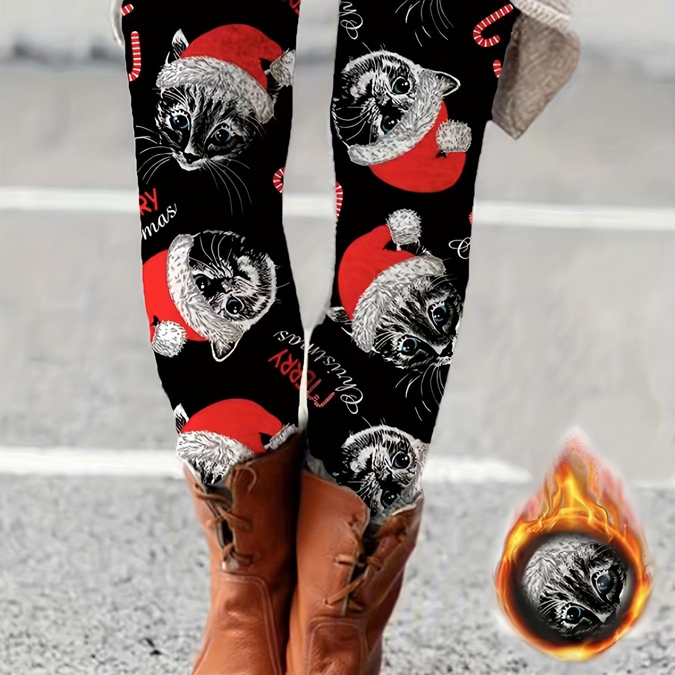  Christmas Cat Print Fleece Leggings