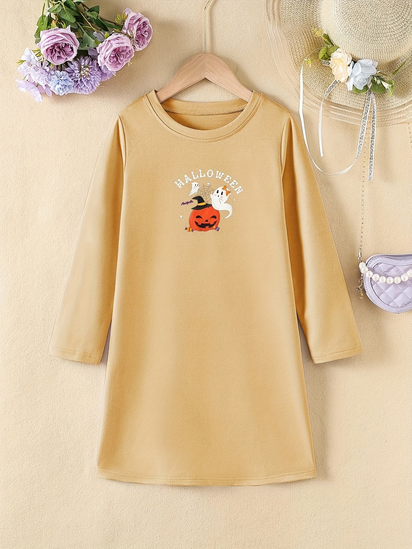 Girls' Halloween Pumpkin Print Long Sleeve A line Casual Dress