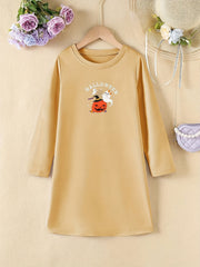 Girls' Halloween Pumpkin Print Long Sleeve A line Casual Dress