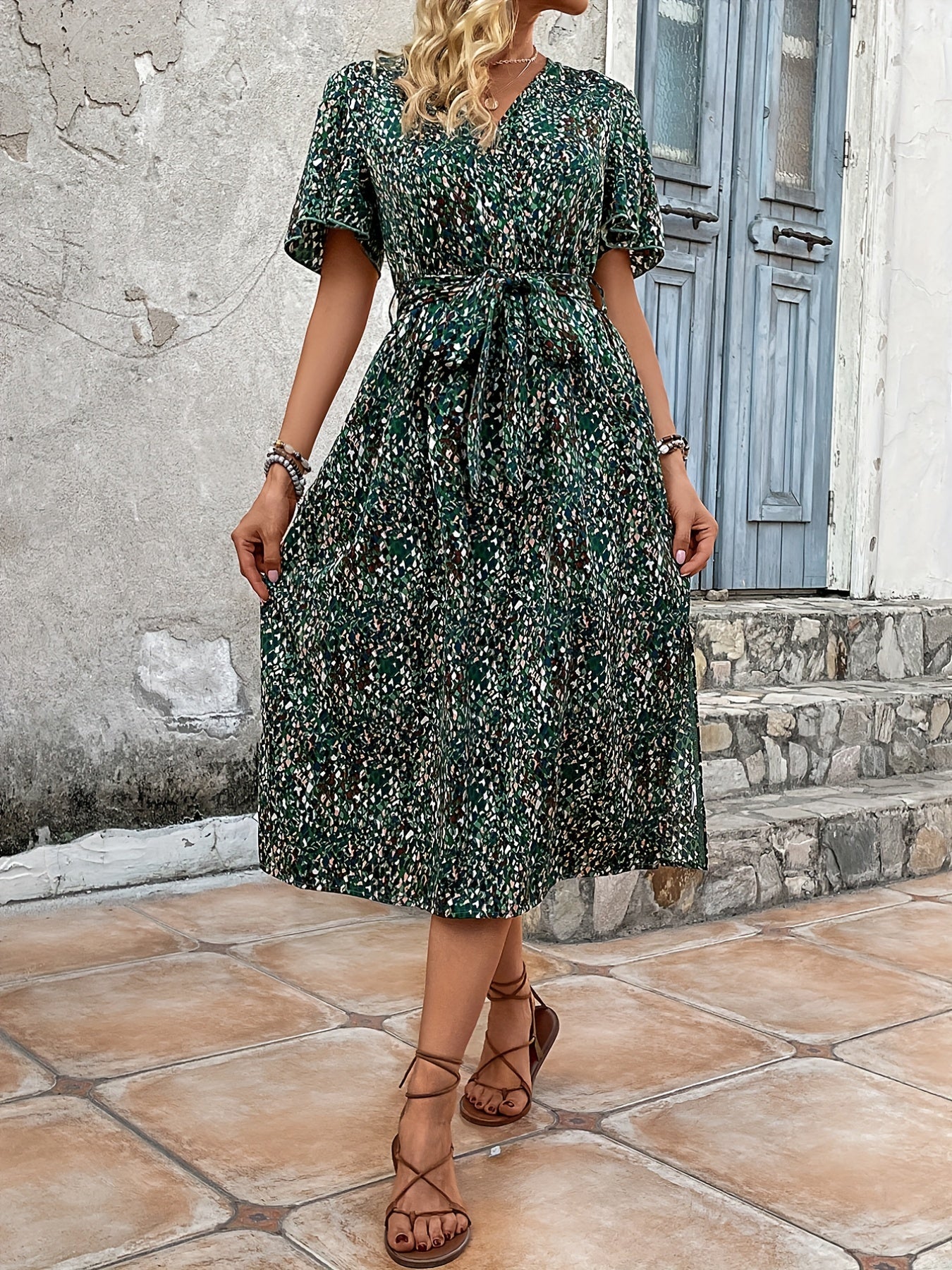  Ditsy Print Short Sleeve Surplice Neck Dress With Belt