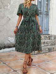  Ditsy Print Short Sleeve Surplice Neck Dress With Belt