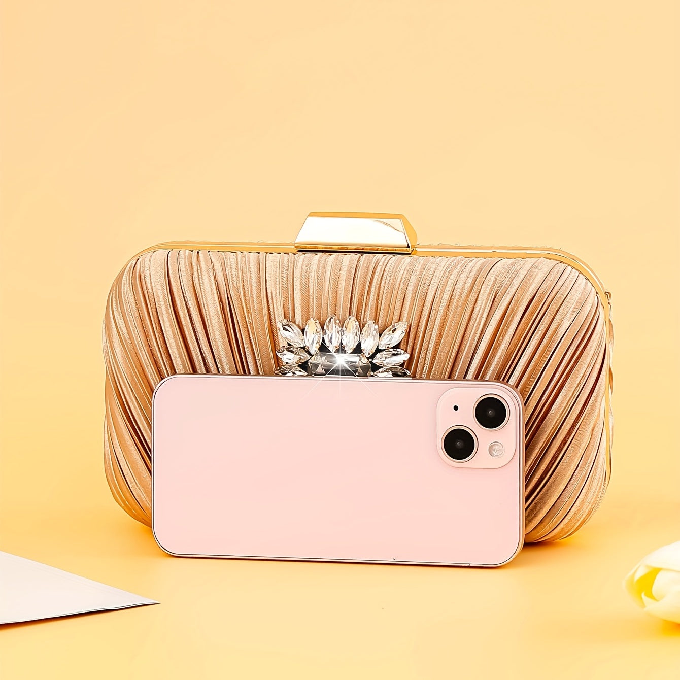 Pleated Rhinestone Chain Clutch Evening Bag