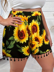  Sunflower Print Fringe Trim Wide Leg Shorts